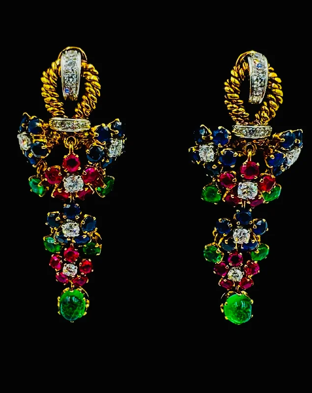 Sparkling Silver Earrings for Women-1950s Emerald Ruby Sapphire Diamond Dangling Clip On Earrings