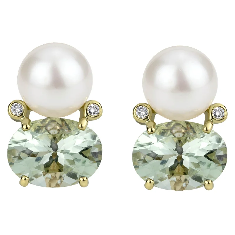 Flower Shaped Earrings-Earrings - South Sea Pearl, Green Quartz And Diamond