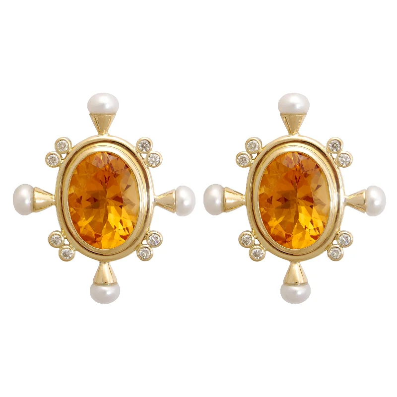 Luxury Diamond Earrings-Earrings - Citrine, Pearl And Diamond