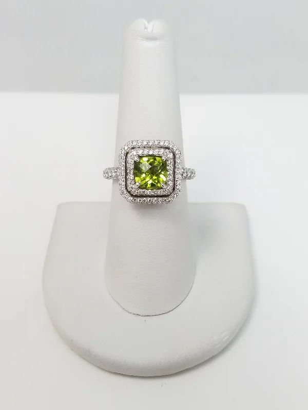 Simple Silver Ring Set for Couples-Elegant 18k White Gold Natural Peridot Diamond Custom Ring