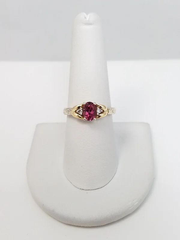 Simple Engagement Ring for Elegant Look-Ornate Natural Tourmaline & Natural Diamond 14k Two Tone Gold Ring