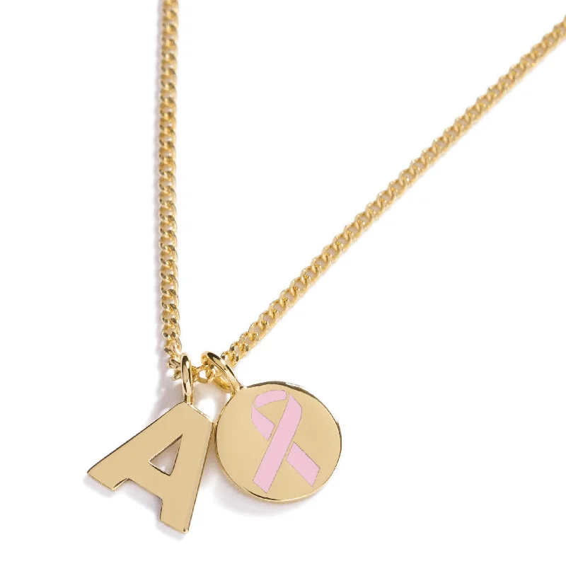 Chic Gold Necklace for Fashionistas-Pink Ribbon Initial Charm Necklace