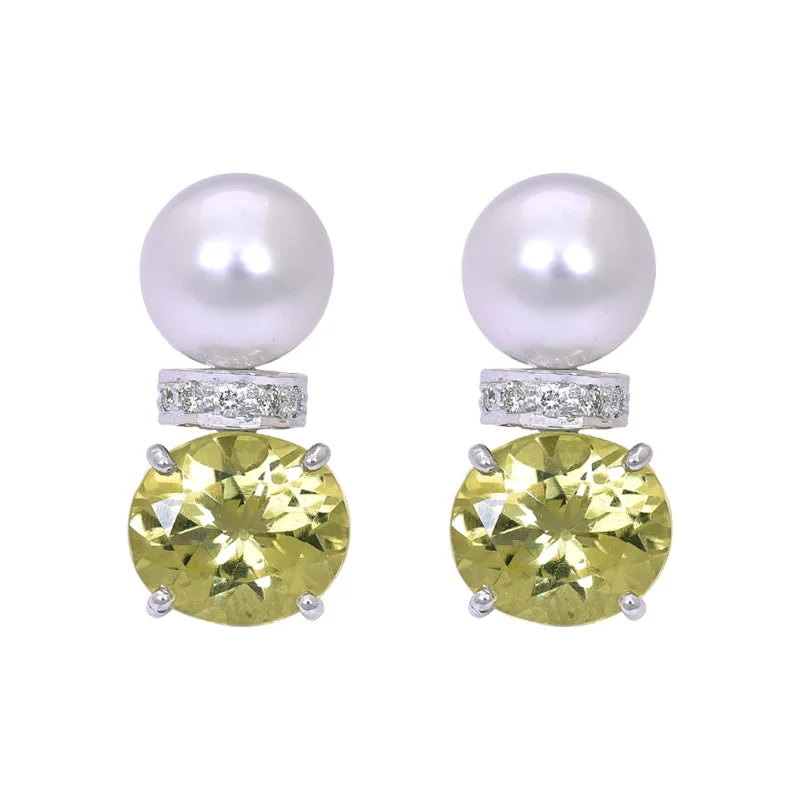 Artistic Earrings for Fashion Lovers-Earrings- Lemon Quartz, South Sea Pearl and Diamond