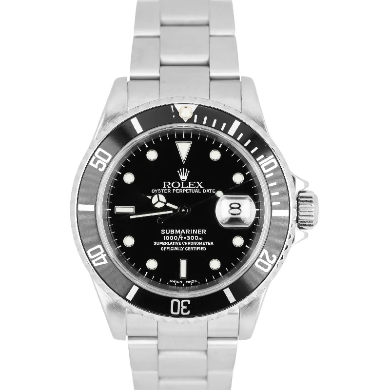 Women's Watches with Leather Straps and Crystal Detail-Rolex Submariner Date Stainless Steel Automatic Oyster Black 40mm 16610 Watch