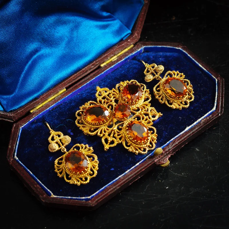 Colorful Stone Earrings-Beautiful Georgian Style Dark Cognac Citrine Earrings and Brooch/Pendant Set