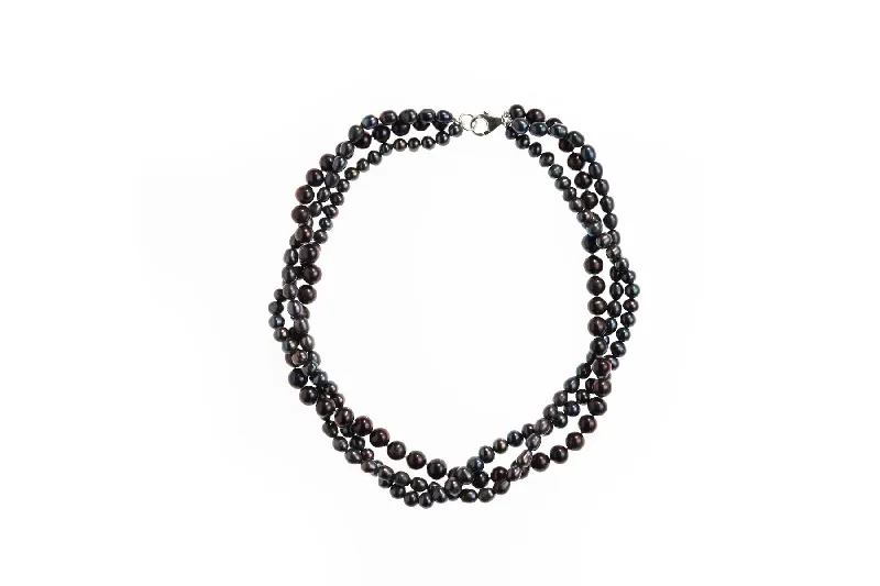 Elegant Chain Necklace for Weddings-Pearl Twisted 3 Strand Black Necklace