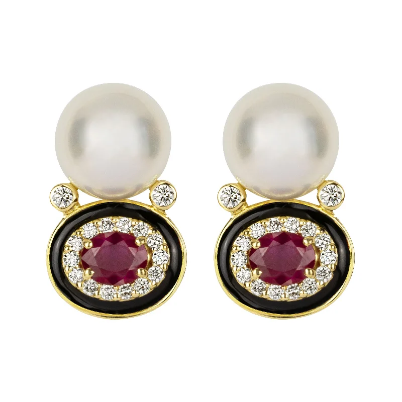 Sterling Silver Earrings-Earrings - South Sea Pearl, Ruby And Diamond (Enamel)