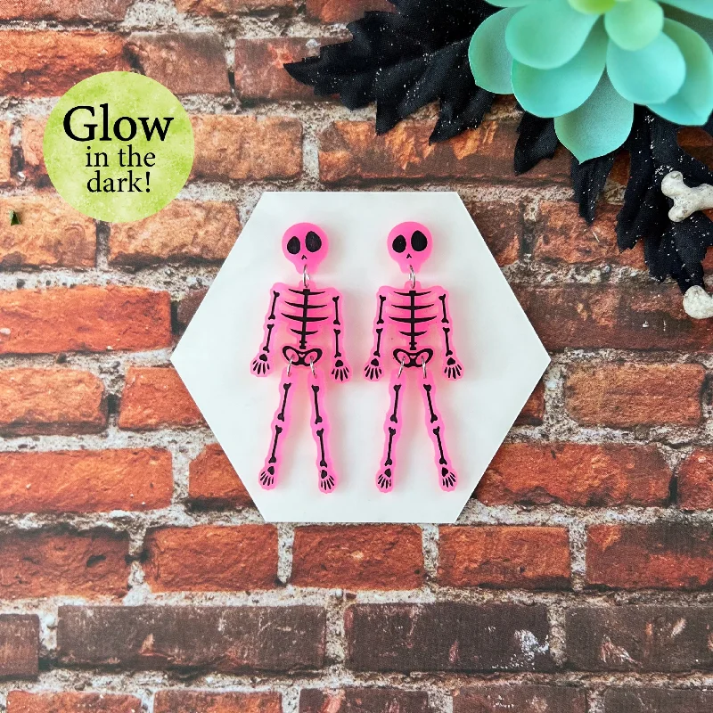 Silver Stud Earrings-Pink Skeleton Dangle Earrings (Glow in the dark!)