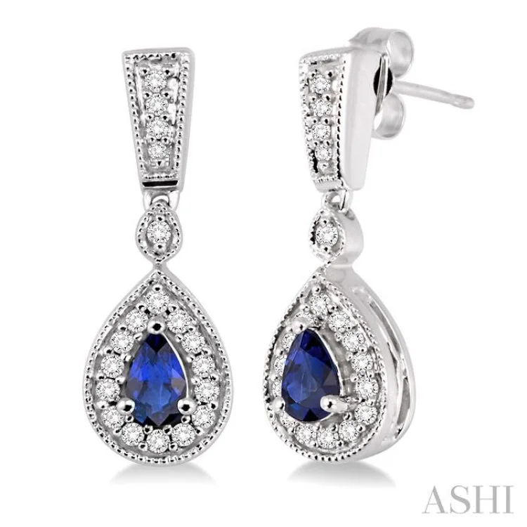 Ethnic Drop Earrings for Festivals-5x3mm Pear Shape Sapphire and 1/3 Ctw Round Cut Diamond Earrings in 14K White Gold