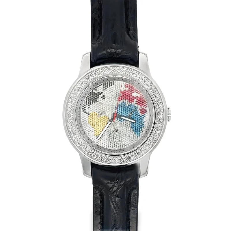 Men's Watches with Multi-Function Features-JoJino World Map Dial Real Diamond Watch .20cttw