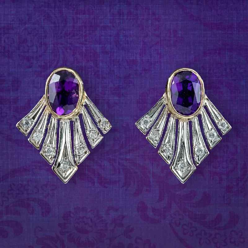 Colorful Gem Earrings-Art Deco Style Amethyst Diamond Fan Earrings 9ct Gold