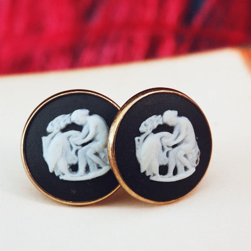 Artistic Earrings for Fashion Lovers-Vintage Neoclassical Vibe 9ct Gold Wedgewood Stud Earrings