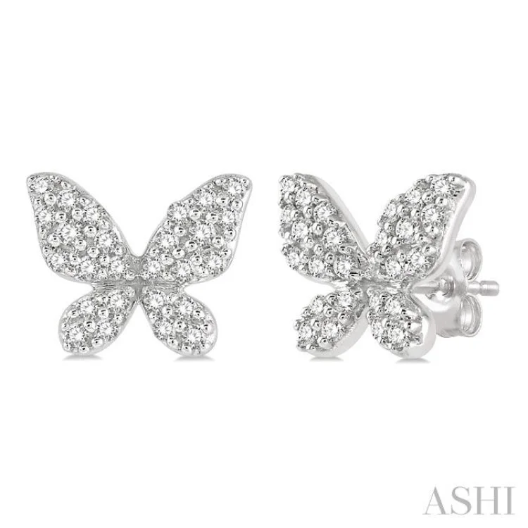 Ethnic Earrings for Traditional Wear-1/5 Ctw Butterfly Motif Round Cut Diamond Petite Fashion Earring in 10K White Gold