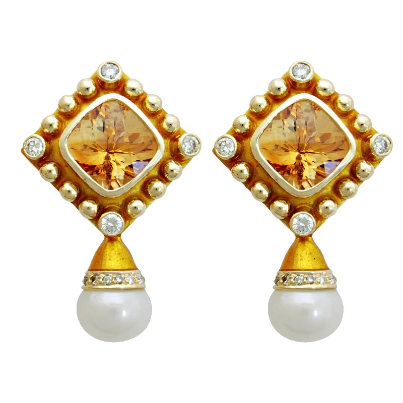 Handmade Earrings for Gifts-Earrings - Citrine, Pearl & Diamond (enamel)