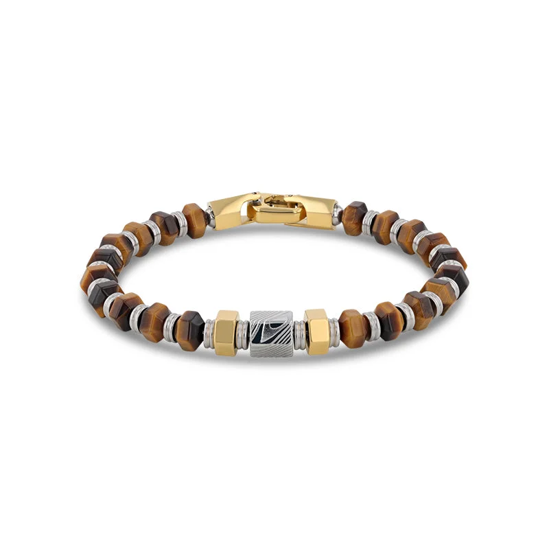 Colorful Bead Bracelet for Festivals-Hexagonal Tiger Eye Stone and Damascus Steel Bead Bracelet With Stainless Steel