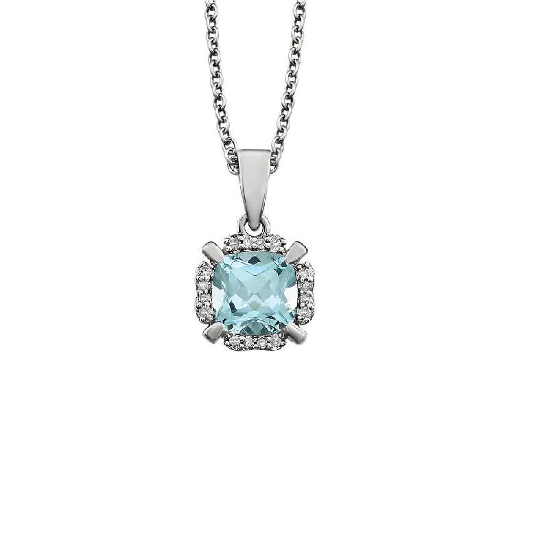 Handcrafted Pendant Necklace for Gifts-Cushion Sky Blue Topaz & Diamond Necklace in 14k White Gold, 18 Inch