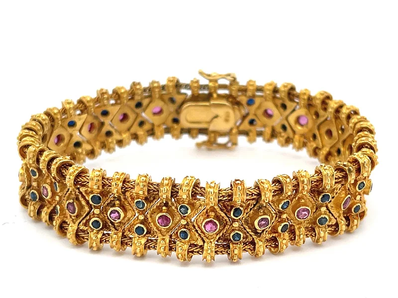 Personalized Bangle for Wedding-Vintage Egyptian Ruby Sapphire Wide Quilted Link Bracelet in 18k Yellow Gold