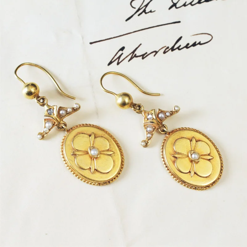 Handcrafted Drop Earrings for Unique Look-Dreamy Antique 15ct Gold Diamond & Pearl Earrings