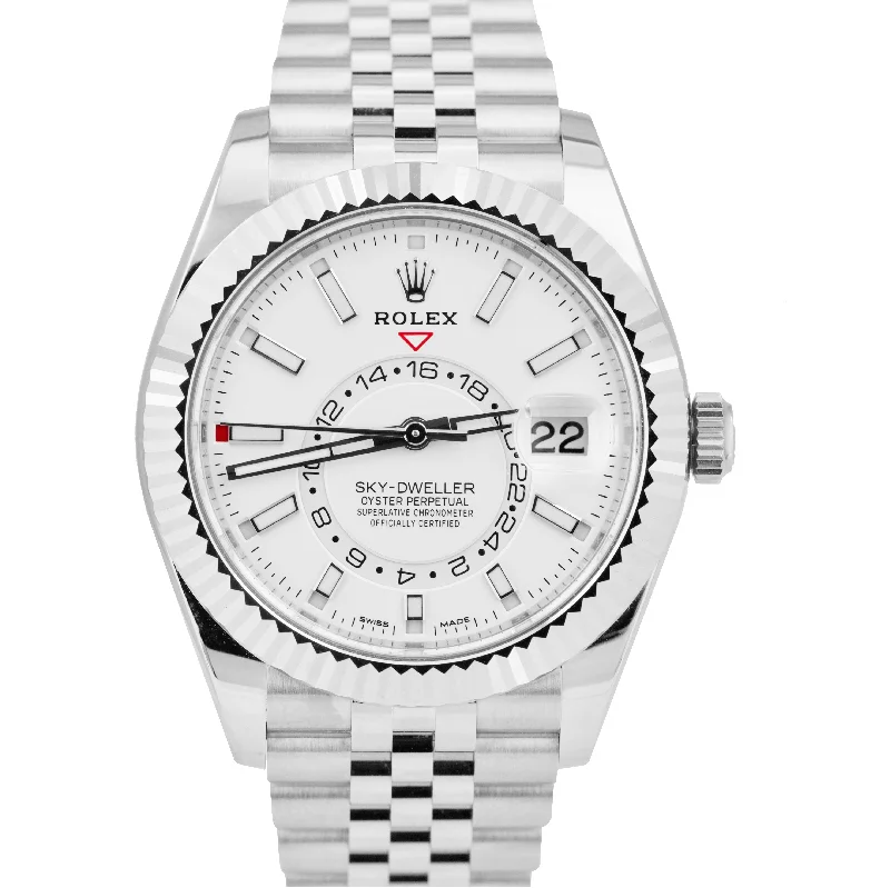 Stylish Watches with White Leather Straps-NEW MAY 2023 PAPERS Rolex Sky-Dweller White Gold 42mm Jubilee Watch 326934 B+P