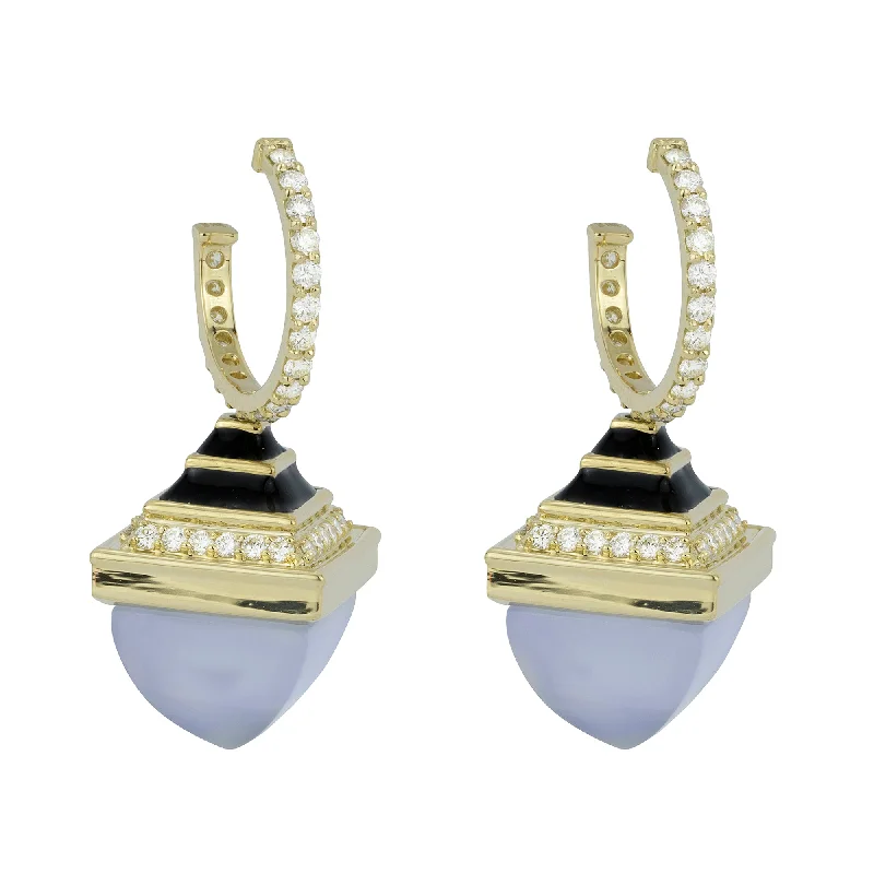 Elegant Gold Stud Earrings-Earrings - Chalcedony And Diamond With Enamel