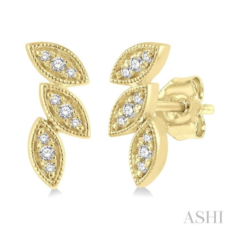 Black Earrings for Evening Wear-1/10 Ctw Tri Leaf Round Cut Diamond Petite Earring in 10K Yellow Gold