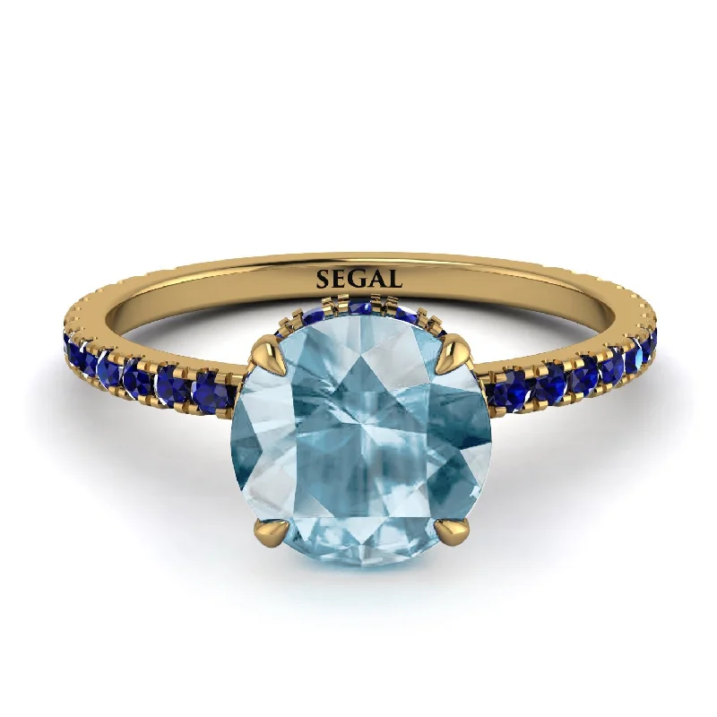 Simple Gold Band Ring-Hidden Diamond Round Aquamarine Cat Claw Engagement Ring - Aurora No. 413