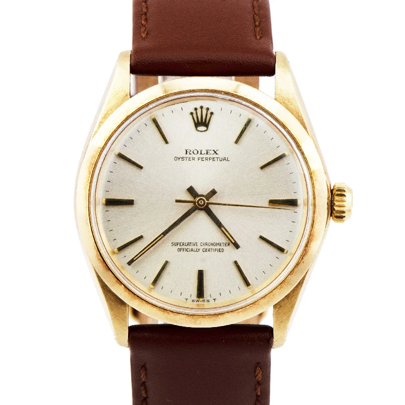 Casual Watches for Women for Daily Wear-Rolex Oyster Perpetual 14K Yellow Gold 34mm Automatic Brown Leather Watch 1002