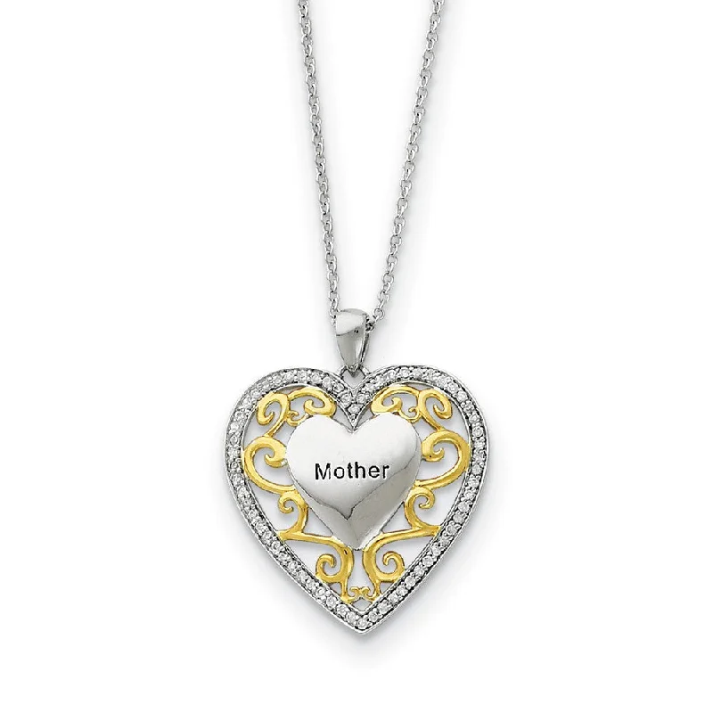 Necklace with Engraved Charm for Personal Touch-Rhodium & Gold Tone Plated Silver & CZ Mother Heart Necklace, 18 Inch