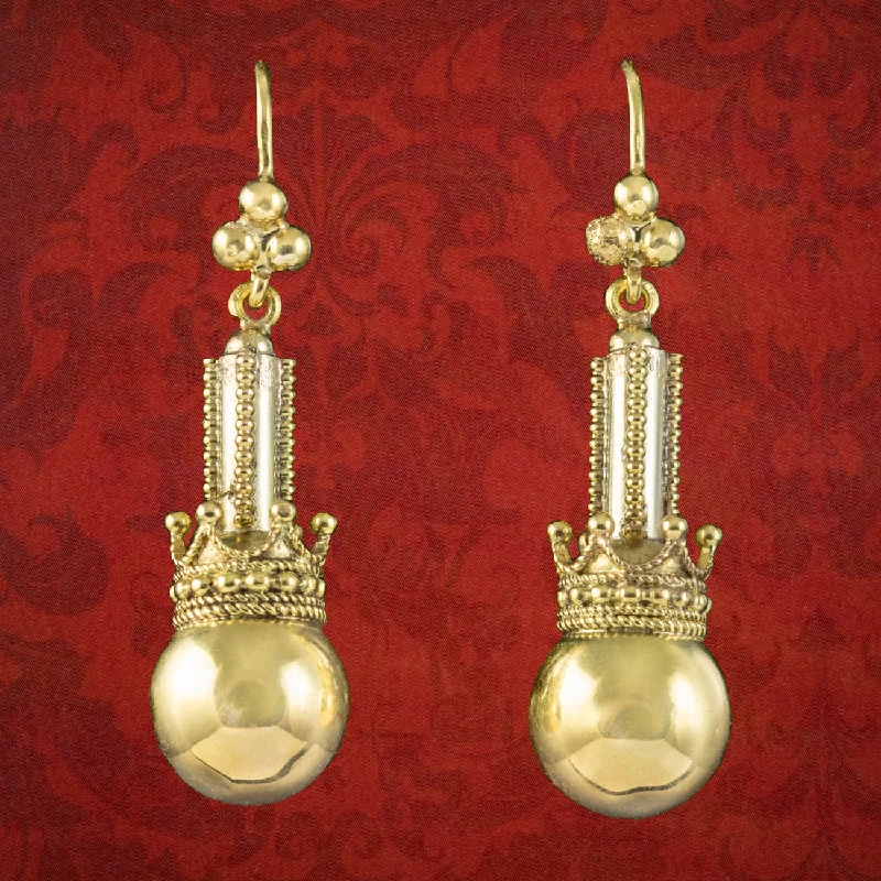 Fashion Earrings for Casual Wear-Antique Victorian Ball And Crown Drop Earrings 15ct Gold