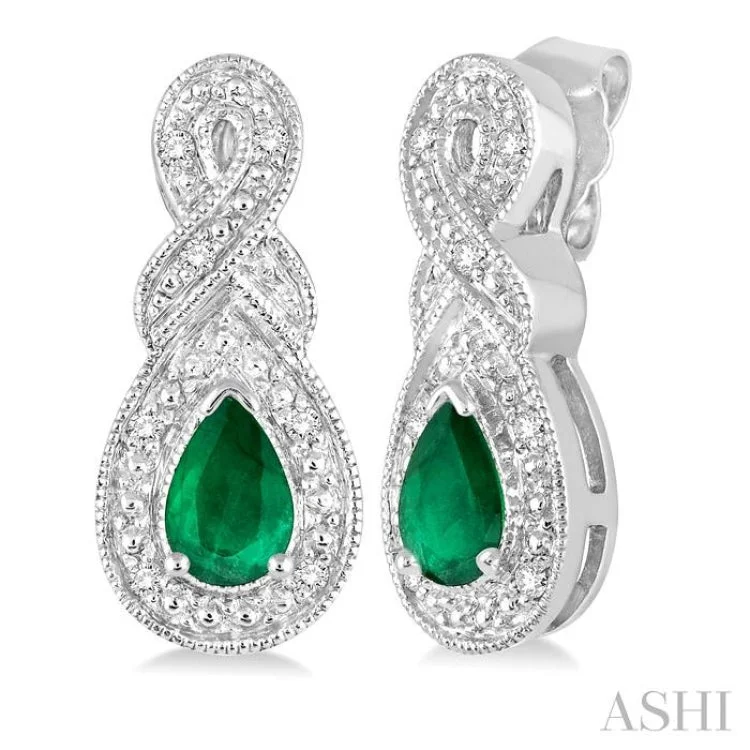 Casual Earrings for Summer Looks-5x3 MM Pear Shape Emerald and 1/20 Ctw Round Cut Diamond Earrings in Sterling Silver